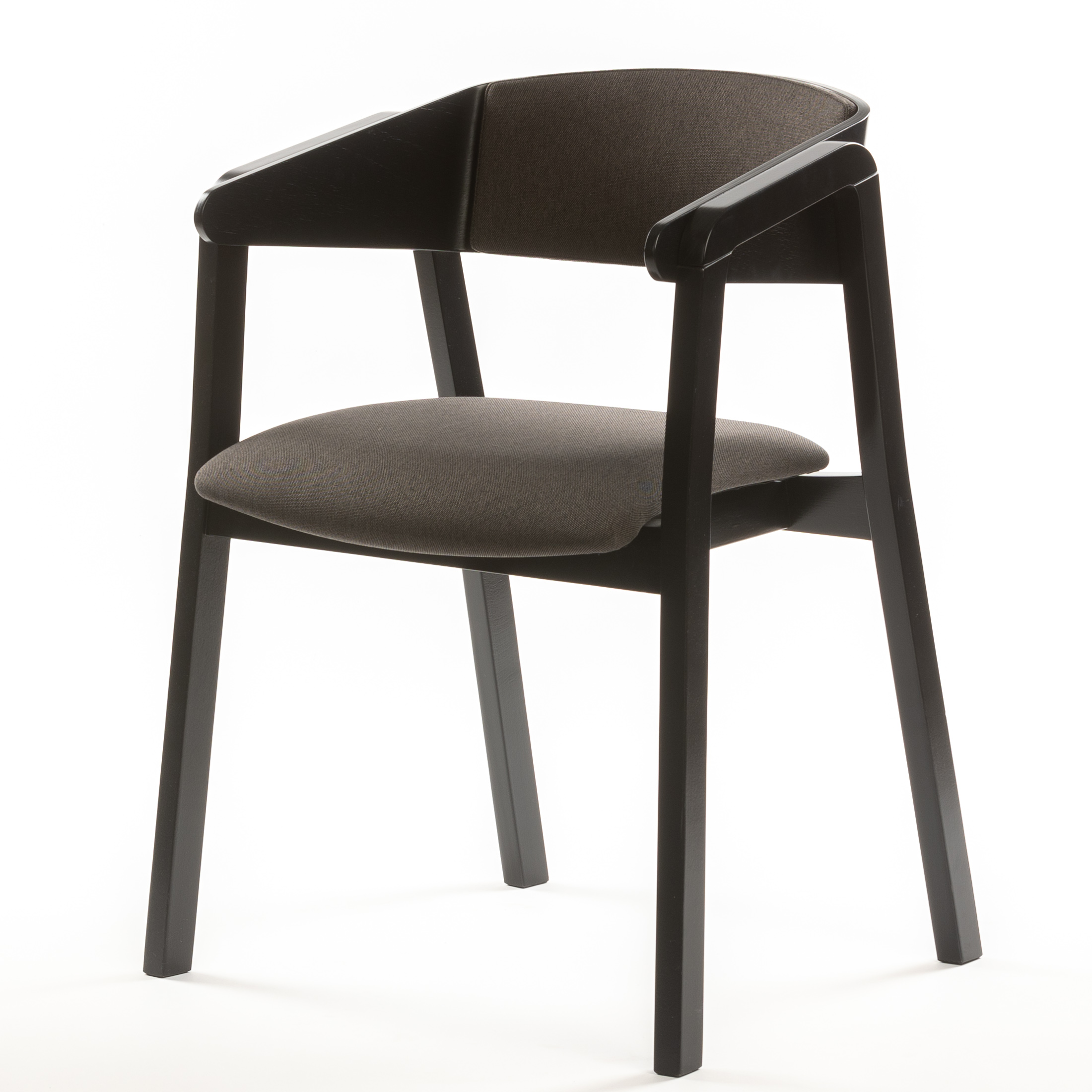 Moderner Holzstuhl ZOE BLACK, Sitzfläche und Rückenlehne dunkelgrau gepolstert