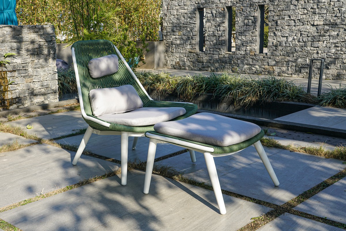 Grattoni Como Lounge Gartensessel Set mit Fußablage, Aluminium, Seilgeflecht, inkl. Polster