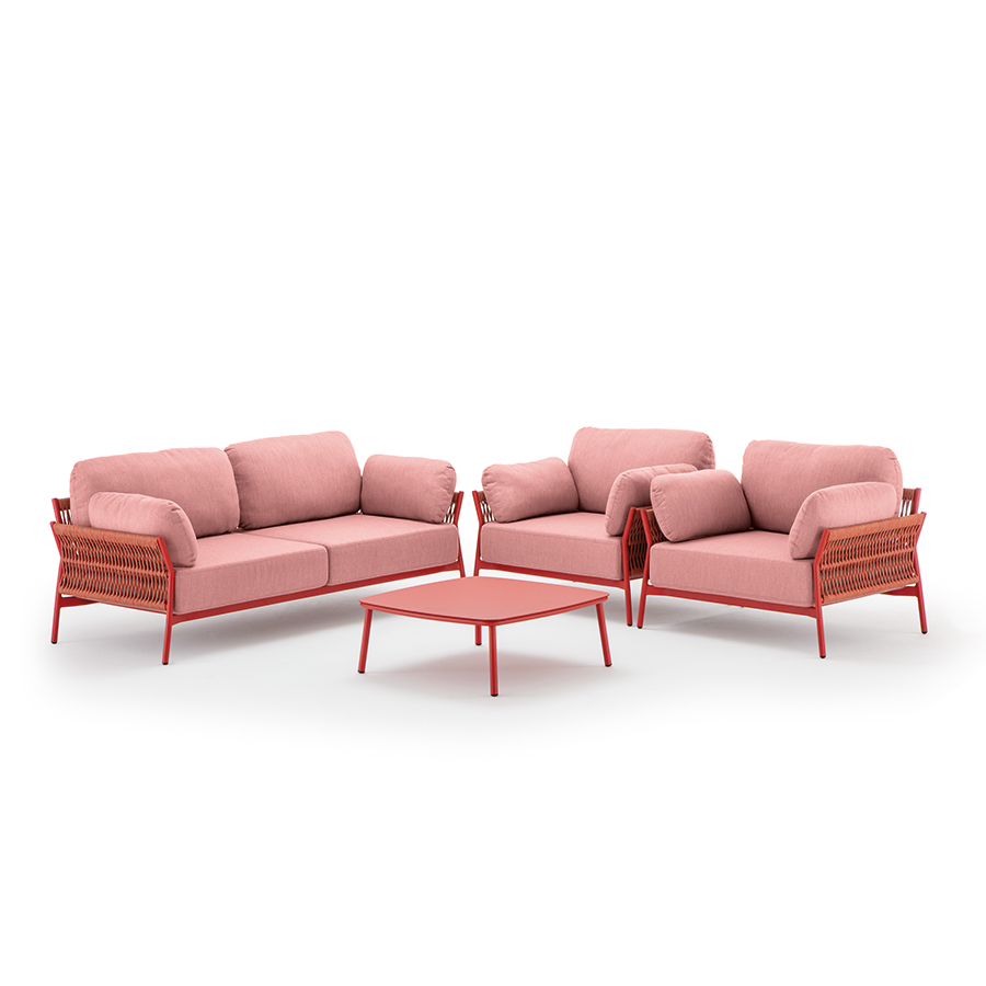 Grattoni Easy Garten Lounge Set, 4-teilig inkl. 2er Outdoor Sofa, zwei Lounge Sessel und Tisch, Farbkombination: rot/rot/rot Axroma