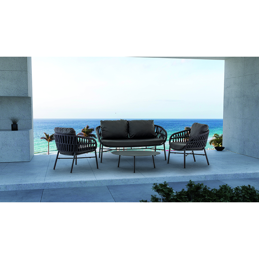 Grattoni Tahiti Geflecht Garten Lounge Set, Aluminium mit Seilgeflecht & Textilene, stapelbar, 4-teilig inkl. 