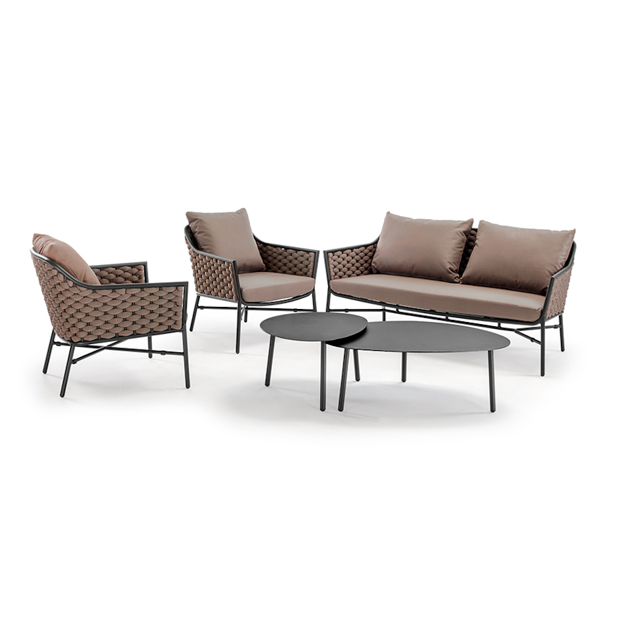 Outdoor Lounge Set PANAMA, Seilgeflecht & Textilene, Stapelbar, 4-teilig inkl. ein 2er Sofa, zwei Sessel und ein Aluminiumtisch