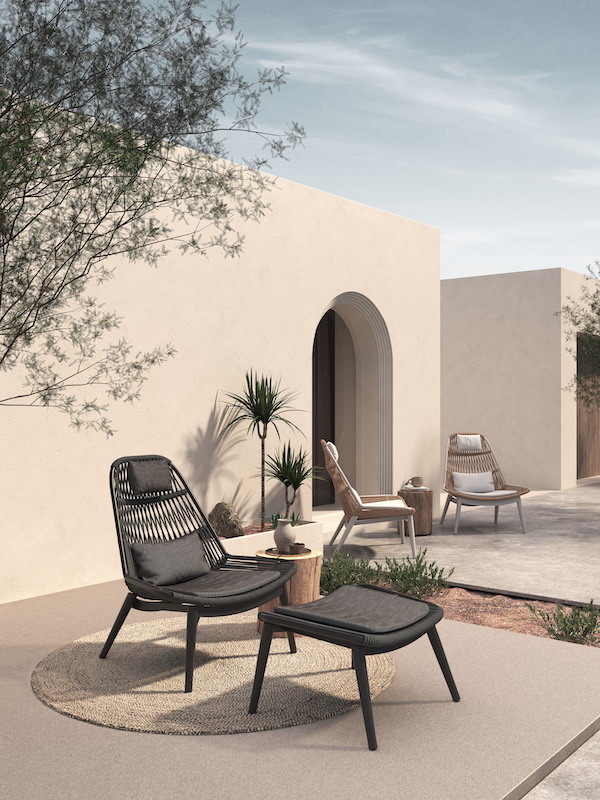 Grattoni Como Lounge Gartensessel Set mit Fußablage - Aluminium - Seilgeflecht - inkl. Polster - anthrazit/dunkelgrau/dunkelgrau