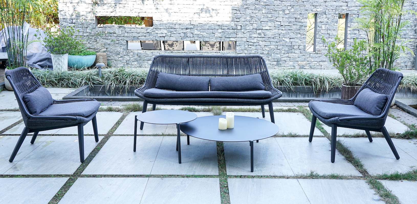 Grattoni Como Garten Lounge Set,  Aluminium, Seilgeflecht, inkl. 3er Sofa, zwei Gartensessel und Gartentisch